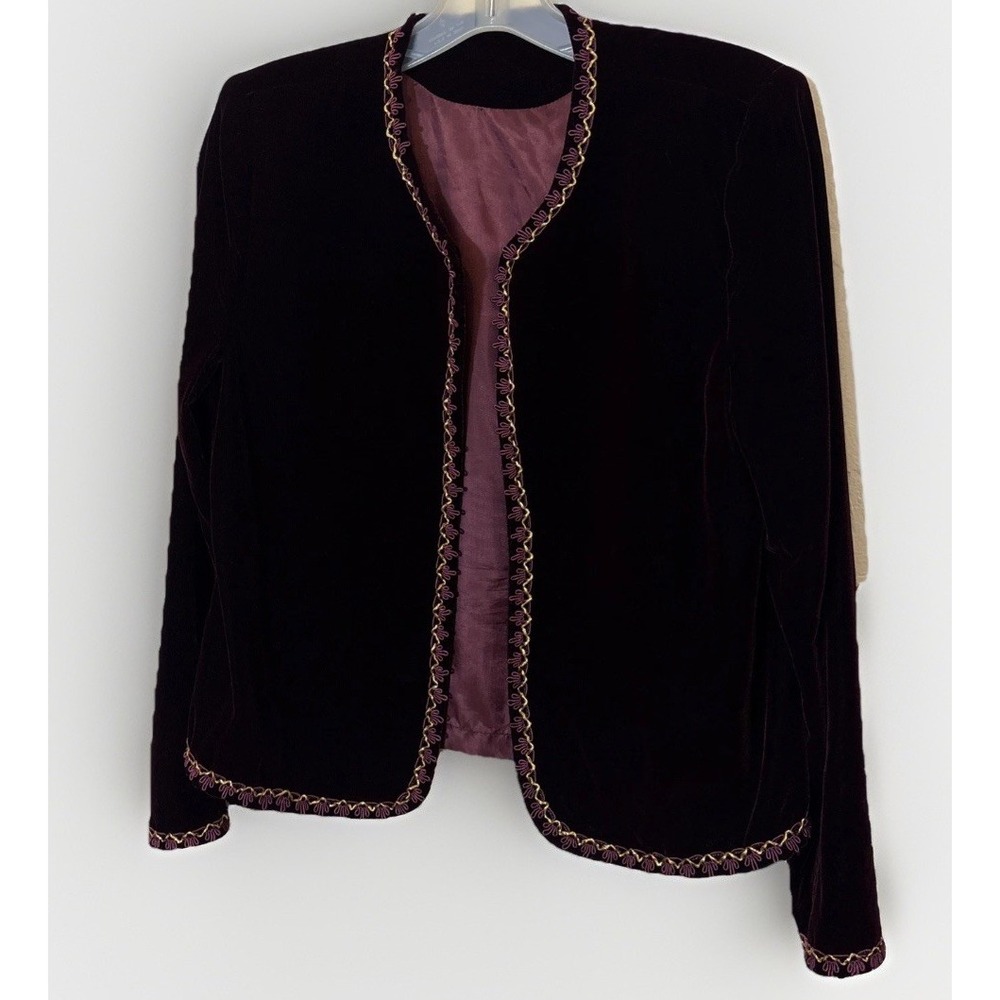 Saks Fifth Avenue Style Velvet Jacket SzS Deep Wine Gold & Wine Embroidered Trim